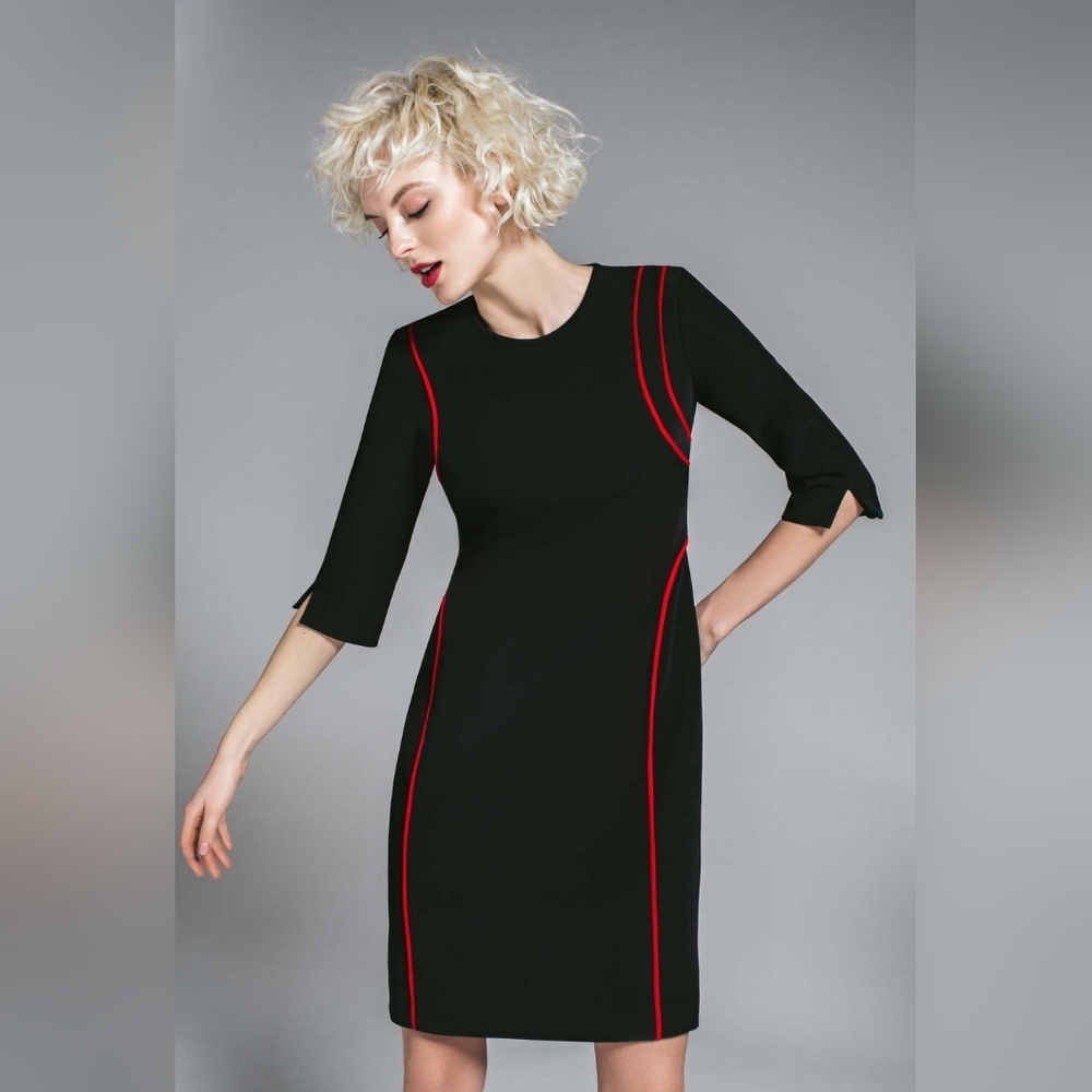 #105 Designer Modern Black Dress with Red Accents Size 4 NWOT
